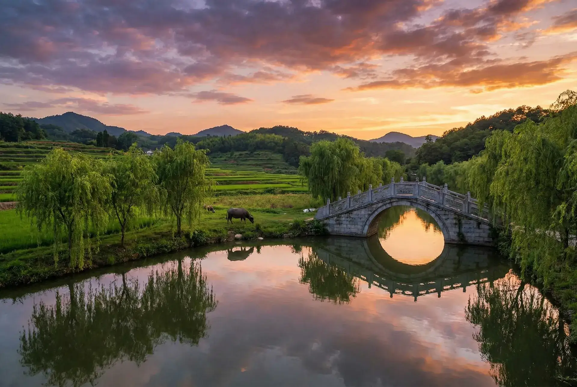夕阳下的石拱桥与垂柳，水牛在河边吃草 - 不可撤消 在线观看 乡村美景